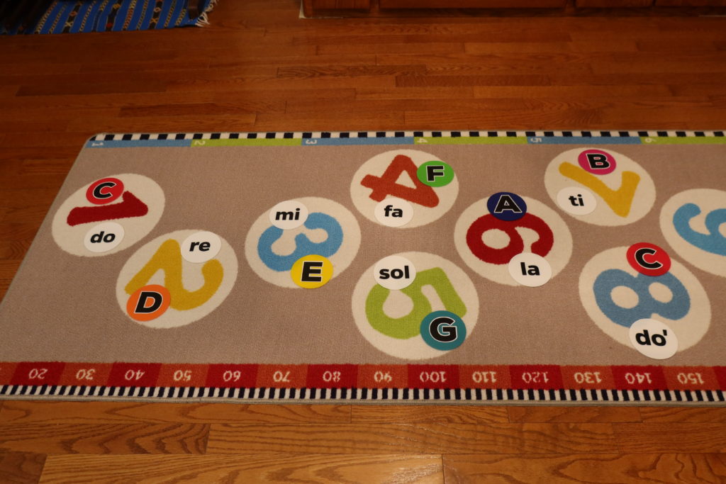 The hopscotch rug fascinates very young piano students at Yuki's Piano Studio in West Vancouver.  The rug can be used to teach music alphabet and solfege during the piano lesson.