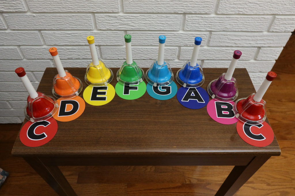 Colourful bells and music alphabet manipulatives are only some of many music teaching aids used by West Vancouver's piano teacher Yuki during the piano lessons for very young piano students.